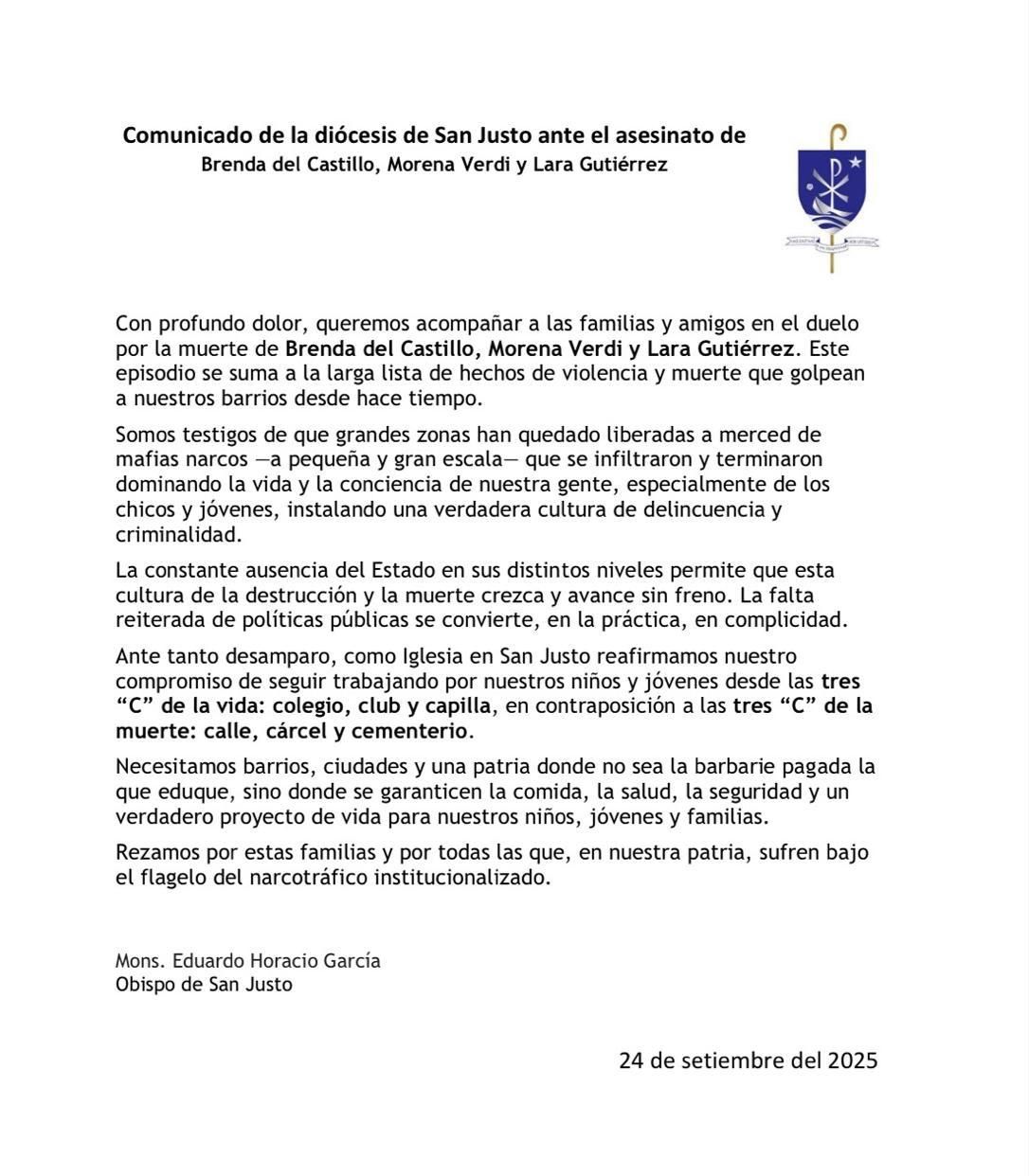 Comunicado del obispo de San Justo.
