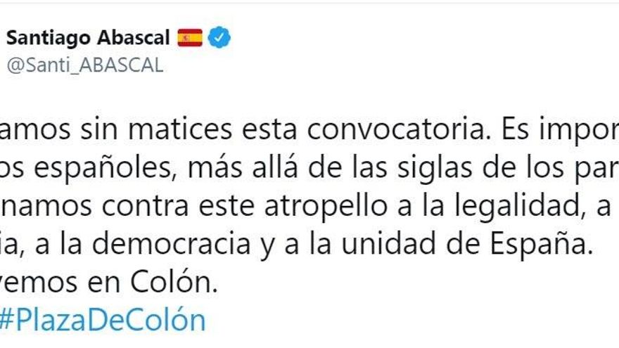 Tweet del presidente de Vox, Santiago Abascal, en apoyo a la concentración en contra de los indultos