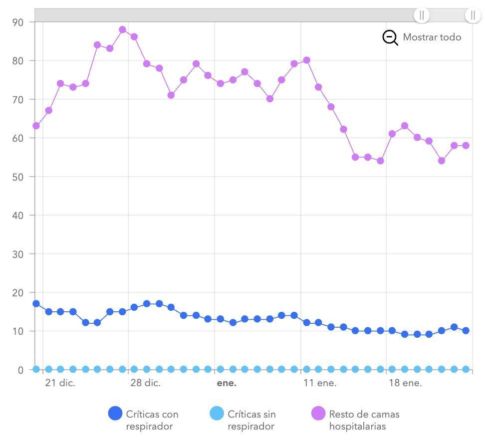 Gráfico de la evolución de la ocupación de camas en el Hospital Nuestra Señora de La Candelaria desde diciembre
