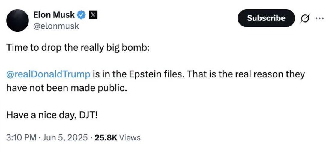 Tuit de Musk sobre Epstein y Trump.