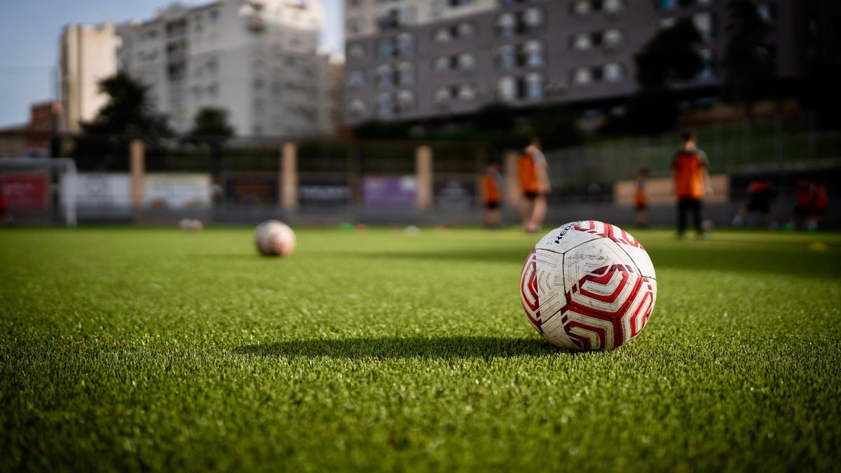 Césped y balones en un campo de fútbol