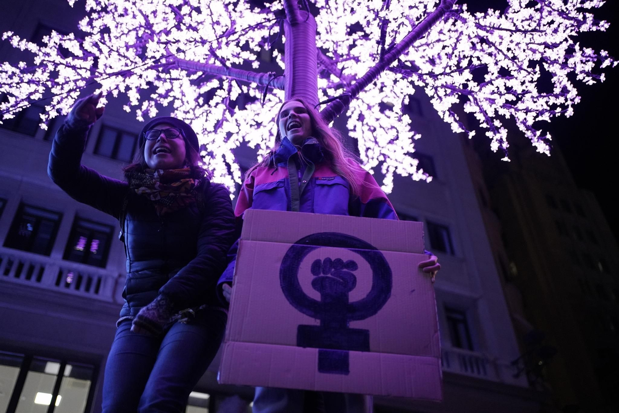 Pancartas contra la violencia machista portada por una de las manifestantes de este 25N en Madrid.