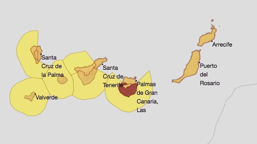 Mapa de la Aemet de los avisos de riesgo por fenómenos temperaturas máximas y fenómenos costeros el martes, 17 de agosto.