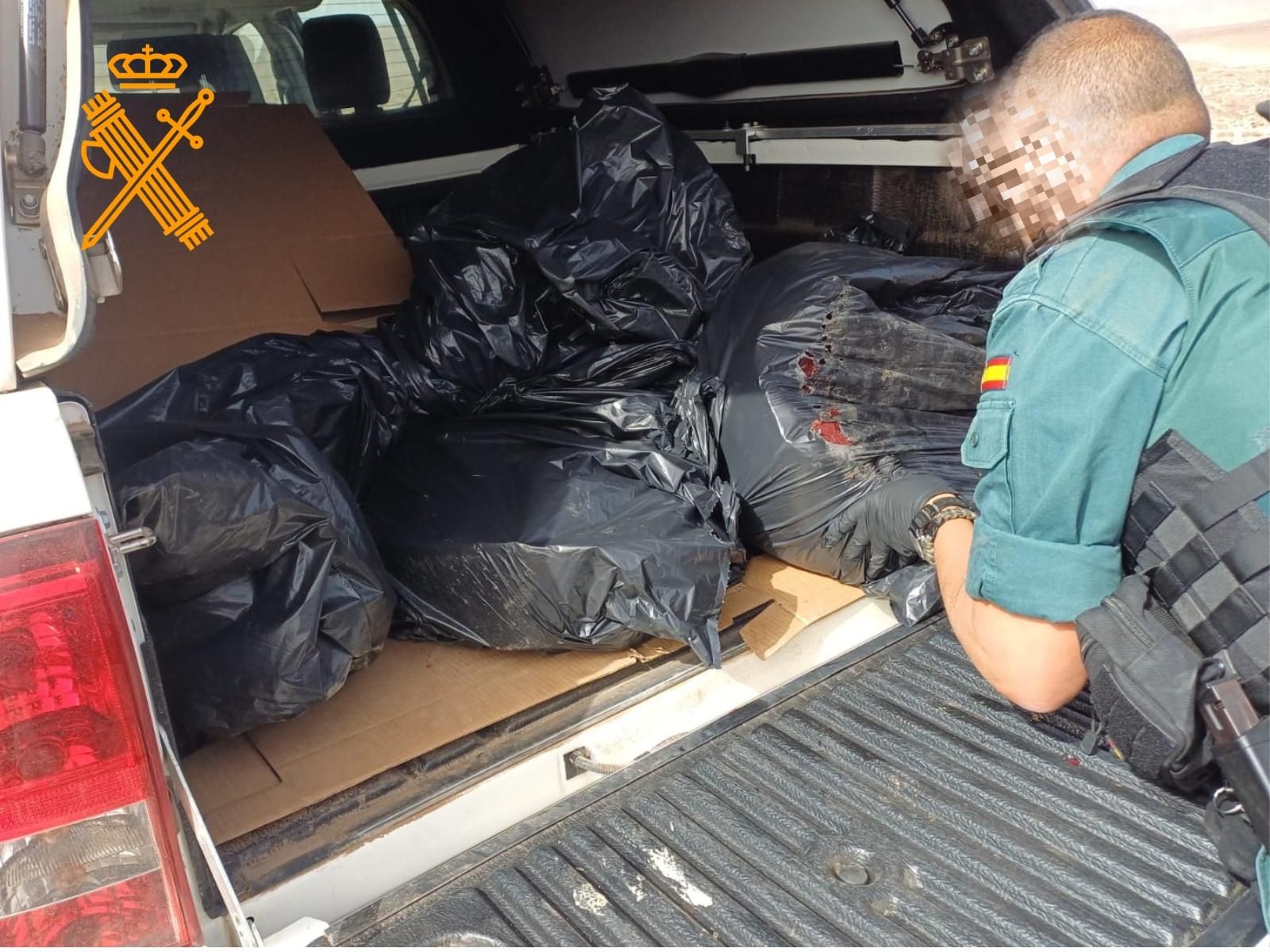 Un agente de la Guardia Civil inspecciona las bolsas de basura con los fragmentos del atún rojo capturado de manera ilegal en Fuerteventura.