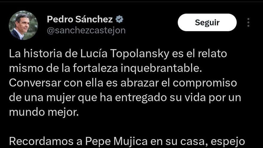 Sánchez visita a la viuda de Mujica, por cuyos ideales afirma seguirá trabajando