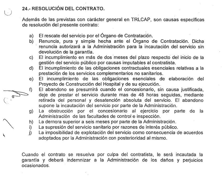 Cláusulas de resolución del contrato con Ribera Salud por la gestión del Vinalopó.