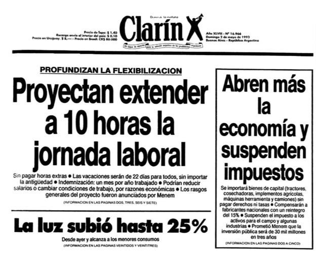 Tapa del diario Clarín del 2 de mayo de 1993