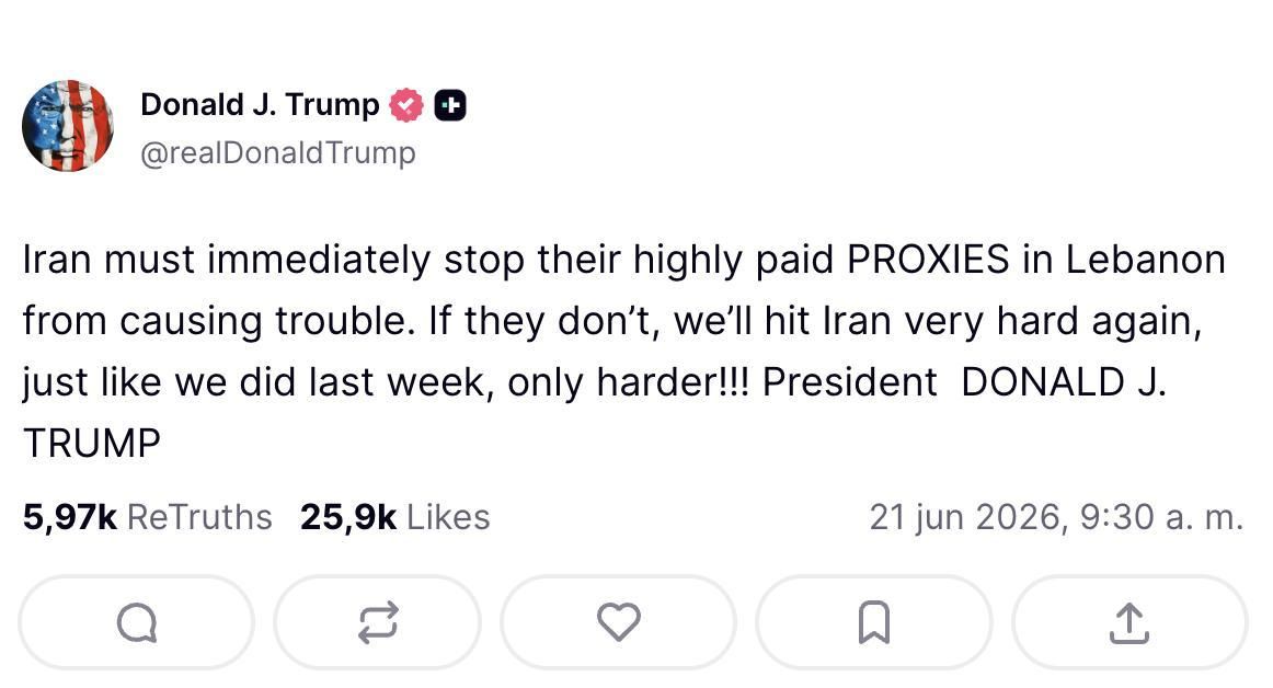 Truth Social de Trump sobre Irán.