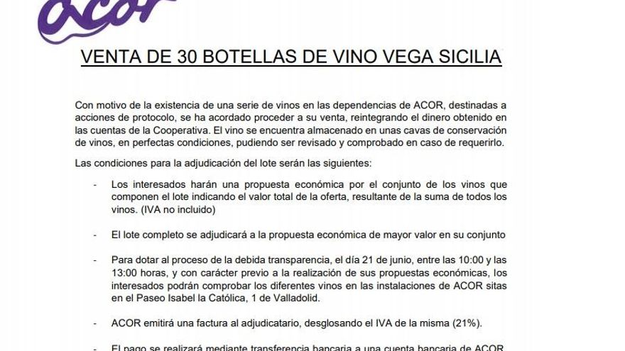 Extracto de la comunicación interna donde se informa de la venta de vino Vega Sicilia.