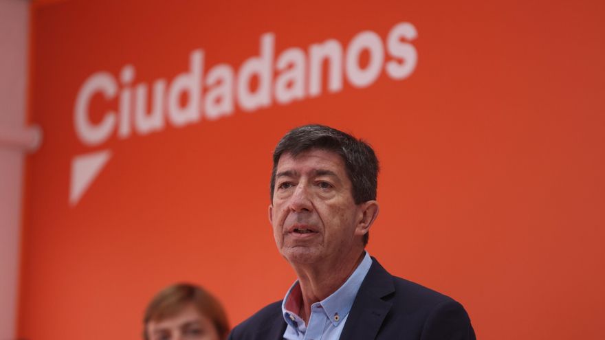 El coordinador de Cs en Andalucía y vicepresidente de la Junta de Andalucía, Juan Marín, este lunes en rueda de prensa en Sevilla.