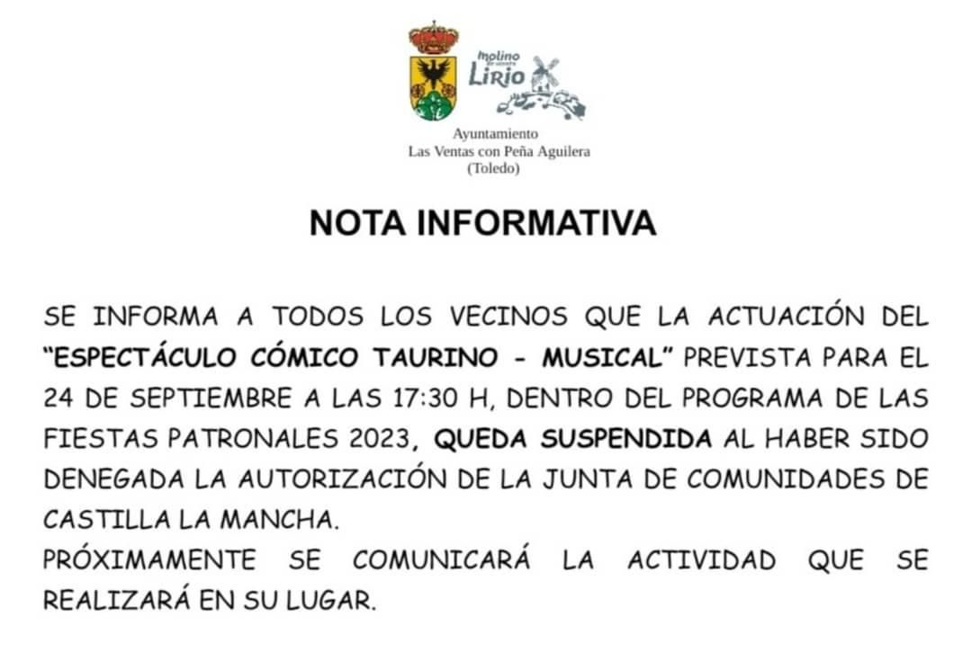 Nota informativa del Ayuntamiento de Las Ventas con Peña Aguilera
