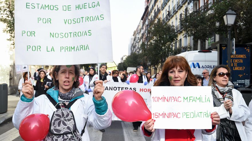 Dos mujeres con bata blanca y pancartas durante una concentración de médicos y pediatras de atención primaria en huelga.