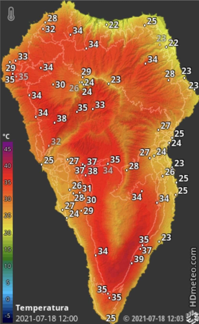 Mapa de HD Meteo La Palma donde se indica la temperatura que, a las 15.00 horas de este domingo, 18 de julio, se registraba en distintos puntos de La Palma.