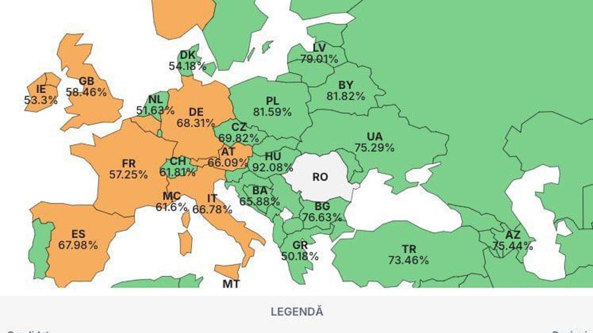 Los resultados de Simion (naranja) y Dan (verde) en la diáspora rumana.