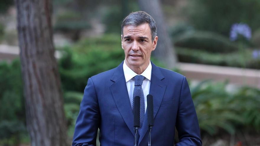 El presidente del Gobierno, Pedro Sánchez, durante una rueda de prensa tras despachar con el jefe del Estado en Palma de Mallorca.