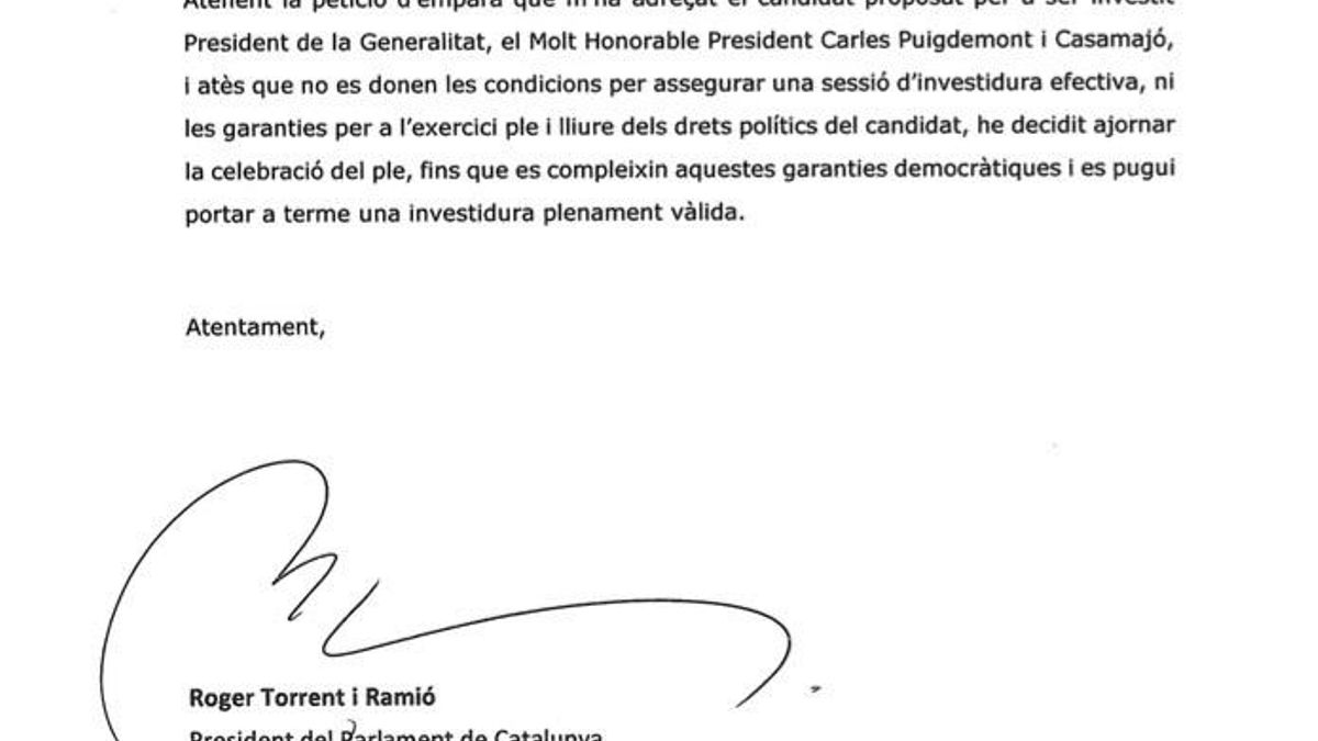 Torrent comunica por carta a los grupos el aplazamiento del pleno de investidura