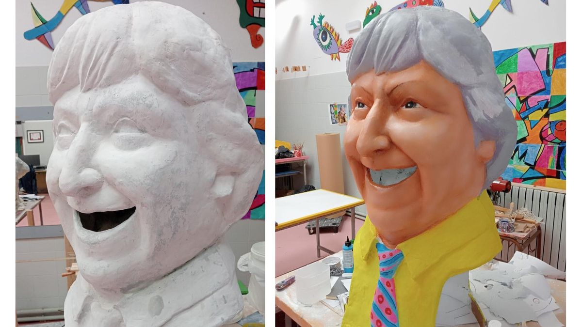 Cabezudo de Gloria Fuertes antes y después de pintarlo