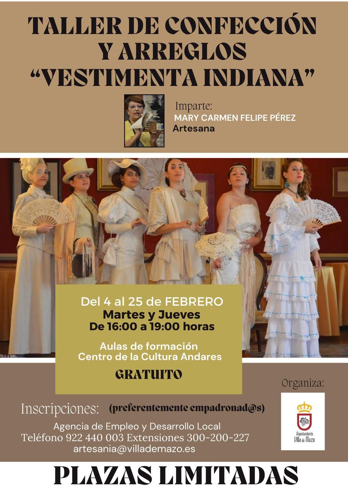 Cartel del taller de confección y arreglos  'Vestimenta indiana' de Villa de Mazo.