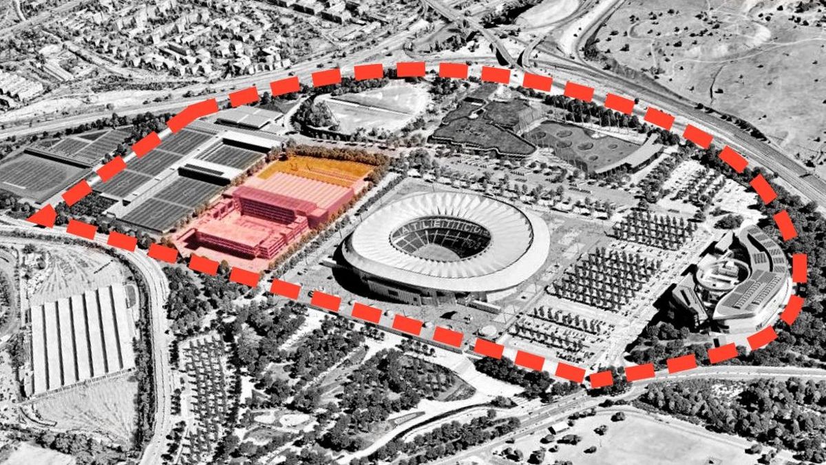 Ubicación de los terrenos que el Ayuntamiento de Madrid cederá al Atlético, dentro del recinto público que ya gestiona el club rojiblanco (líneas rojas)