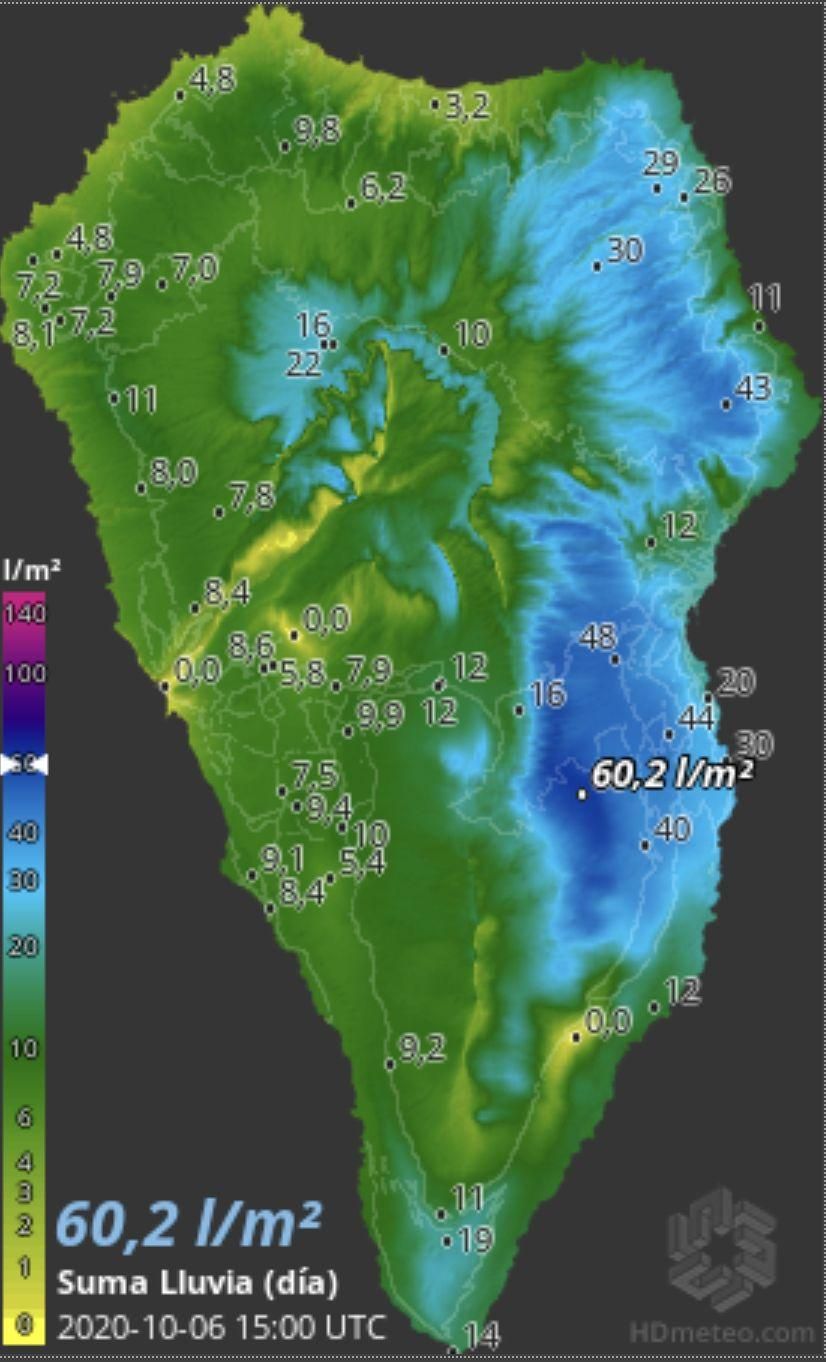 Mapa de HD Meteo La Palma de la lluvia caída, hasta las 15.00 horas de este martes, 6 de octubre, en la Isla.