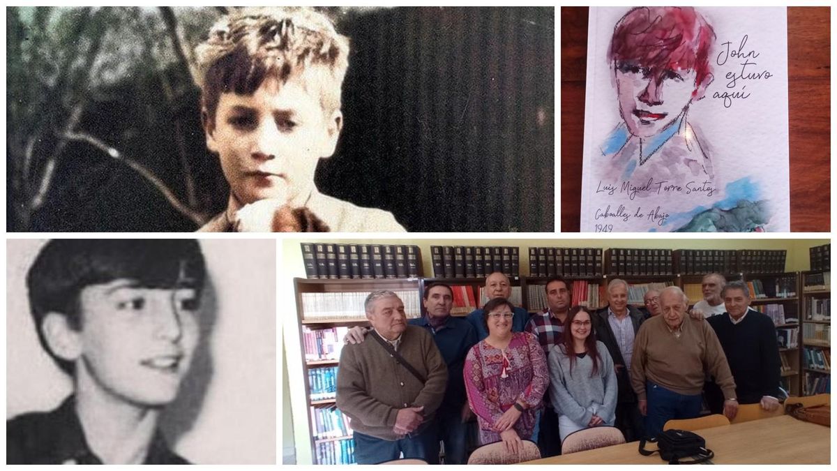 Dos imágenes de John Lennon de niño, la portada del libro y su autor, Luis Miguel Torre, acompañado en la biblioteca de Caboalles.