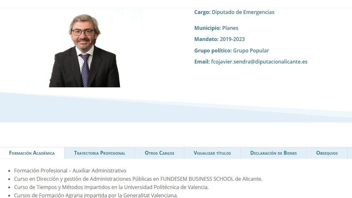 Javier Sendra rectificó su CV en la Diputación de Alicante, donde reconoce que sus estudios son cursos y no "másters".