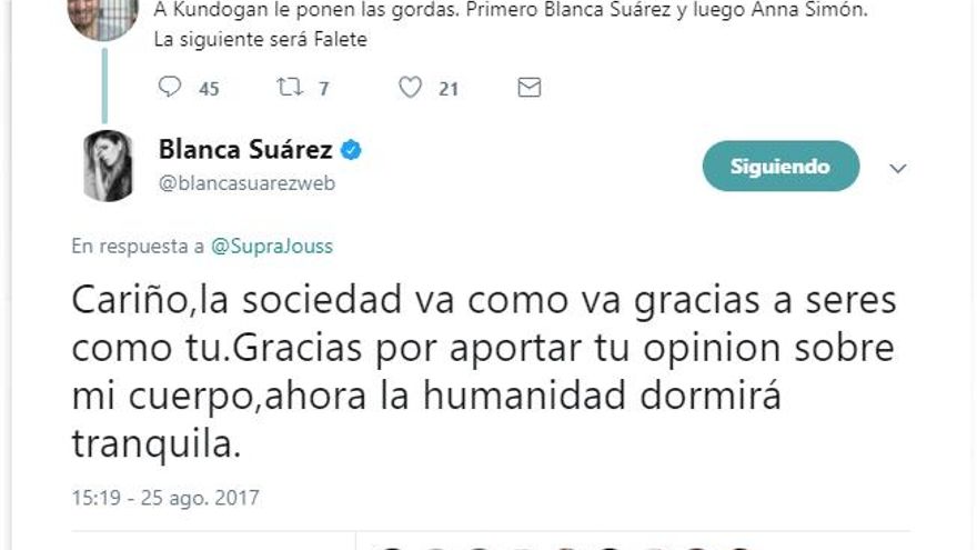 Blanca Suárez responde a un mensaje en Twitter