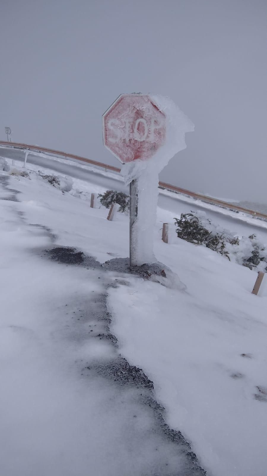 Imagen de una carretera  interior del  Observatorio Astrofísico del Roque de Los Muchachos, este jueves, congelada.