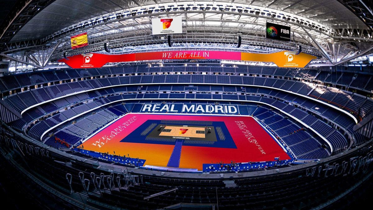 Recreación de una pista de baloncesto en el Bernabéu durante el Eurobasket 2029