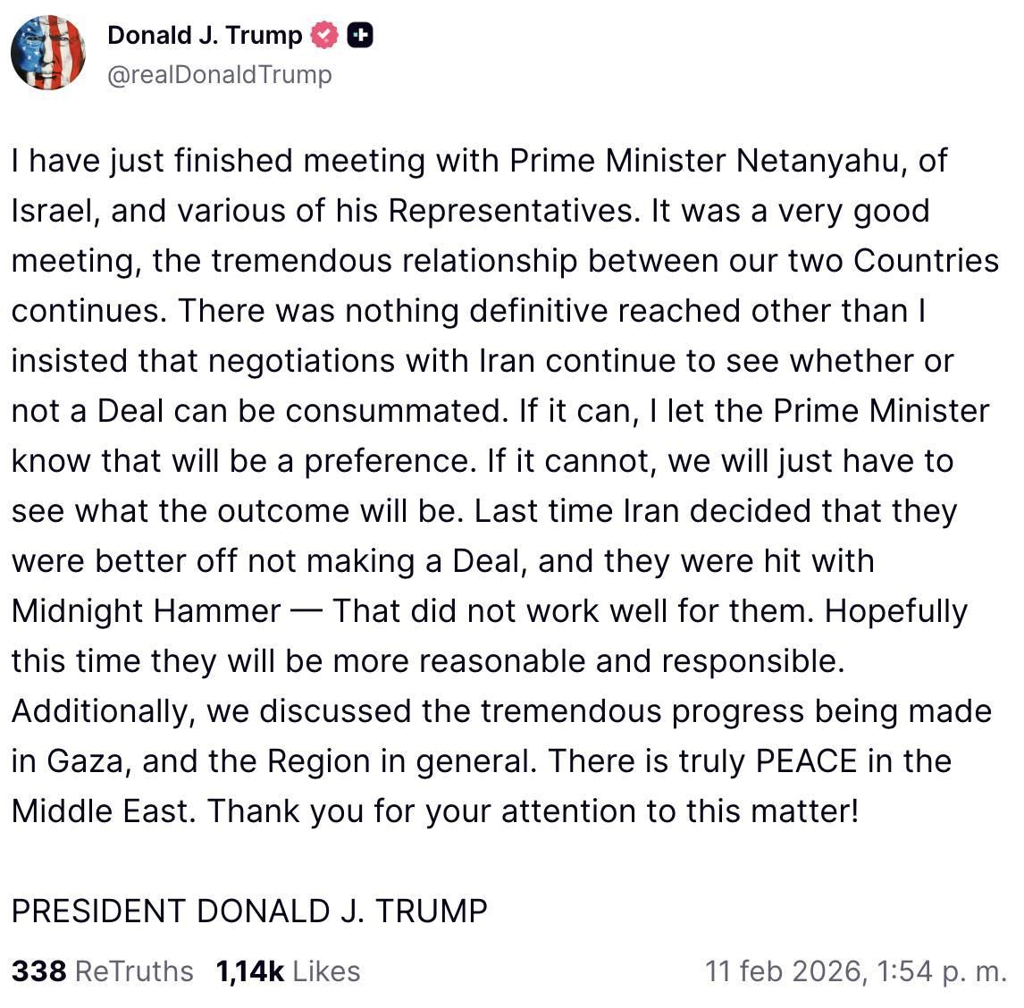 Truth Social de Trump sobre la reunión con Netanyahu.