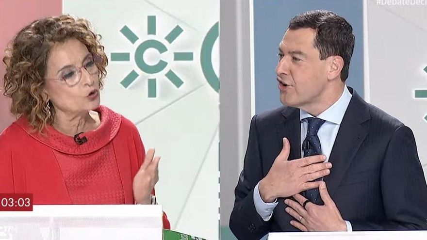 María Jesús Montero (PSOE) y Juan Manuel Moreno (PP) durante el segundo debate electoral