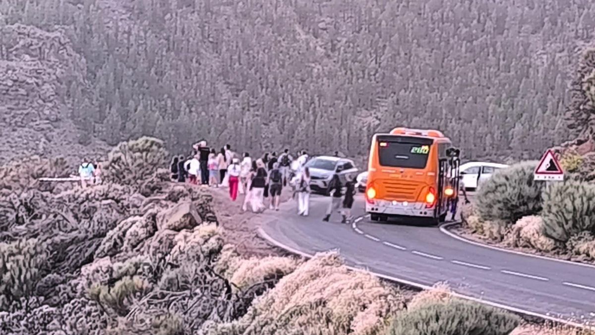 Las Cañadas del Teide colapsada por vehículos y visitantes.