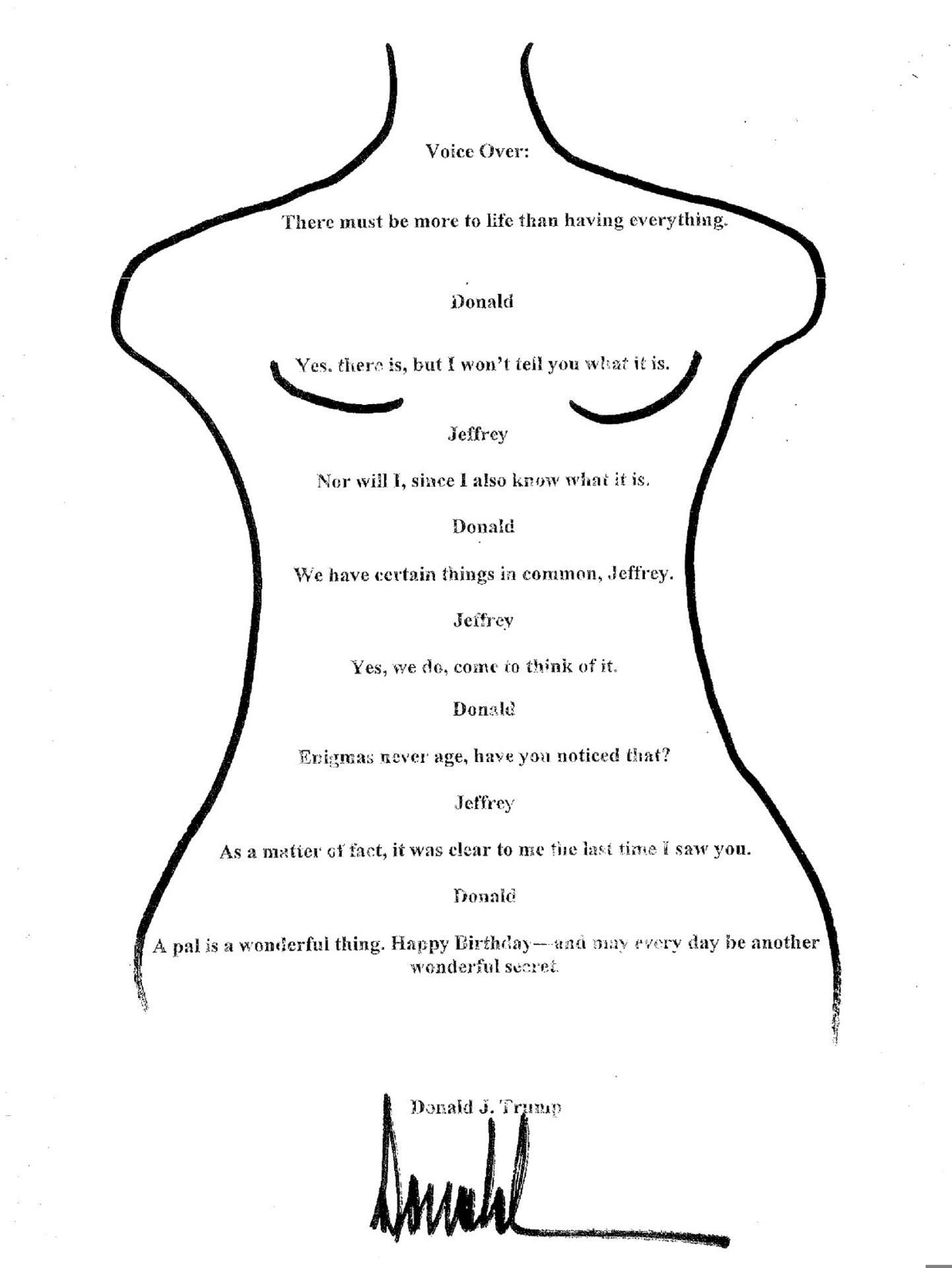 Imagen tomada de la cuenta oficial @OversightDems en la red social X donde se observa un dibujo supuestamente hecho por el presidente de Estados Unidos, Donald Trump, el cual le regaló a Jeffrey Epstein. El Comité de Supervisión de la Cámara de Representantes de EE.UU. ha obtenido este lunes de manos del Gobierno el llamado "libro de cumpleaños" que se le regaló a Jeffrey Epstein por su 50 cumpleaños y en el que hay incluido un dibujo que supuestamente esbozó para la ocasión Trump, y que ha negado tajantemente su autoría. 