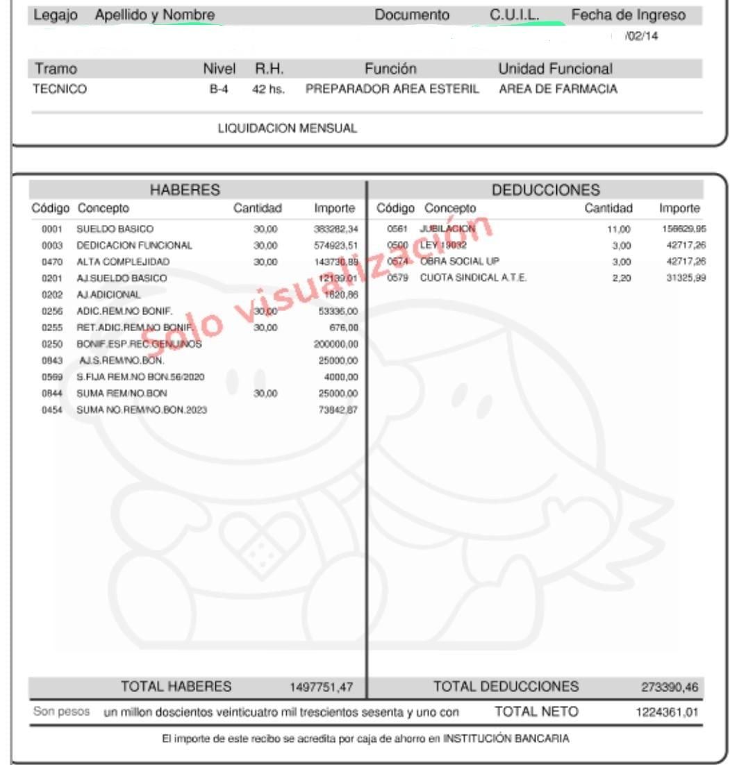 Recibo de sueldo de un trabajador de área estértil.