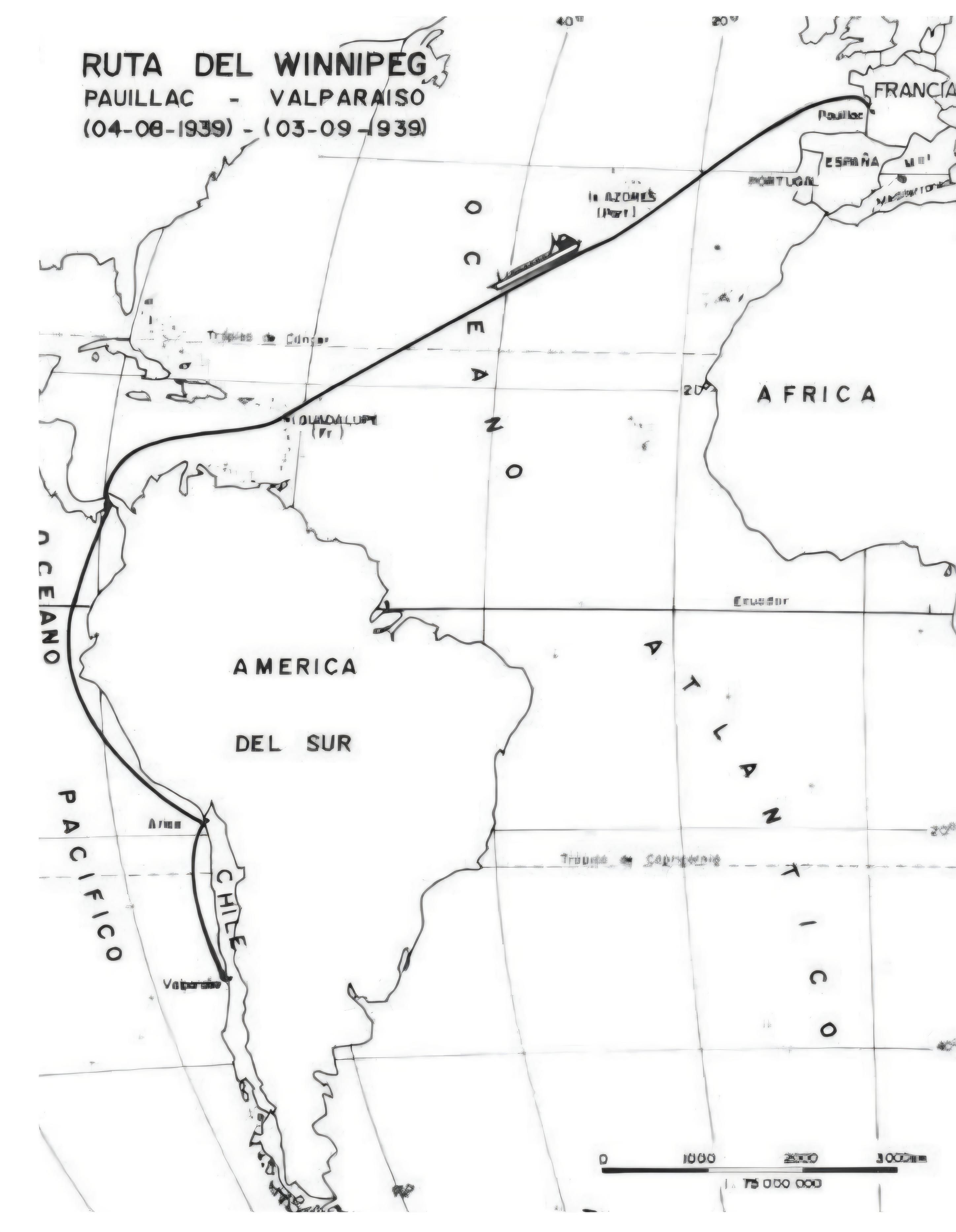 Ruta del Winnipeg: Pauillac (04-08-1939) - Valparaíso (03-09-1939).