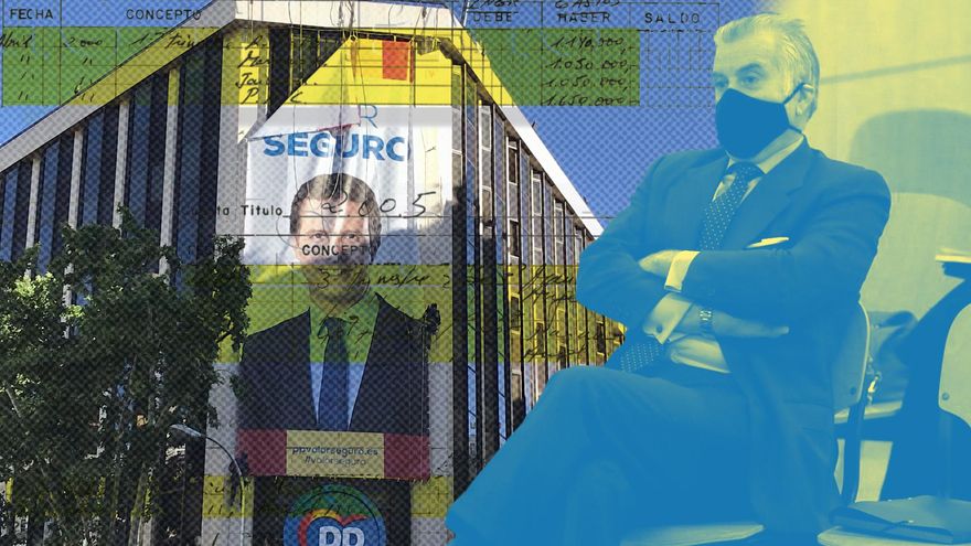 La sede del PP en la calle Génova bajo un extracto de los papeles de Bárcenas y este en el juzgado este mes