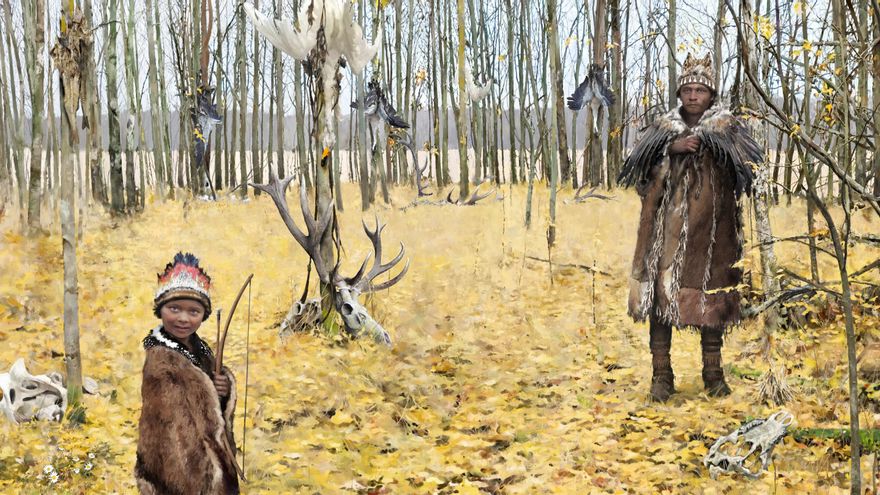 Los difuntos la Edad de Piedra iban ataviados con espectaculares tocados de plumas y pieles y zapatos de colorines