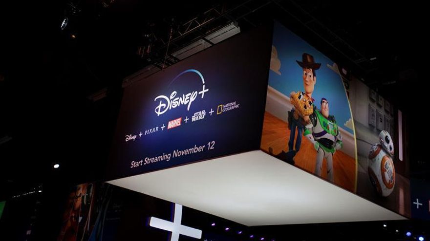 A large Disney Plus logo is displayed during D23 Expo at the Convention Center in Anaheim, California, USA, 23 August 2019.