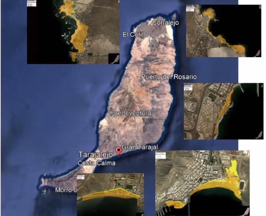 La fotografía simula esa perdida de territorio en zonas como Morro Jable, Gran Tarajal y Jandía, Puerto del Rosario, Corralejo o El Cotillo.