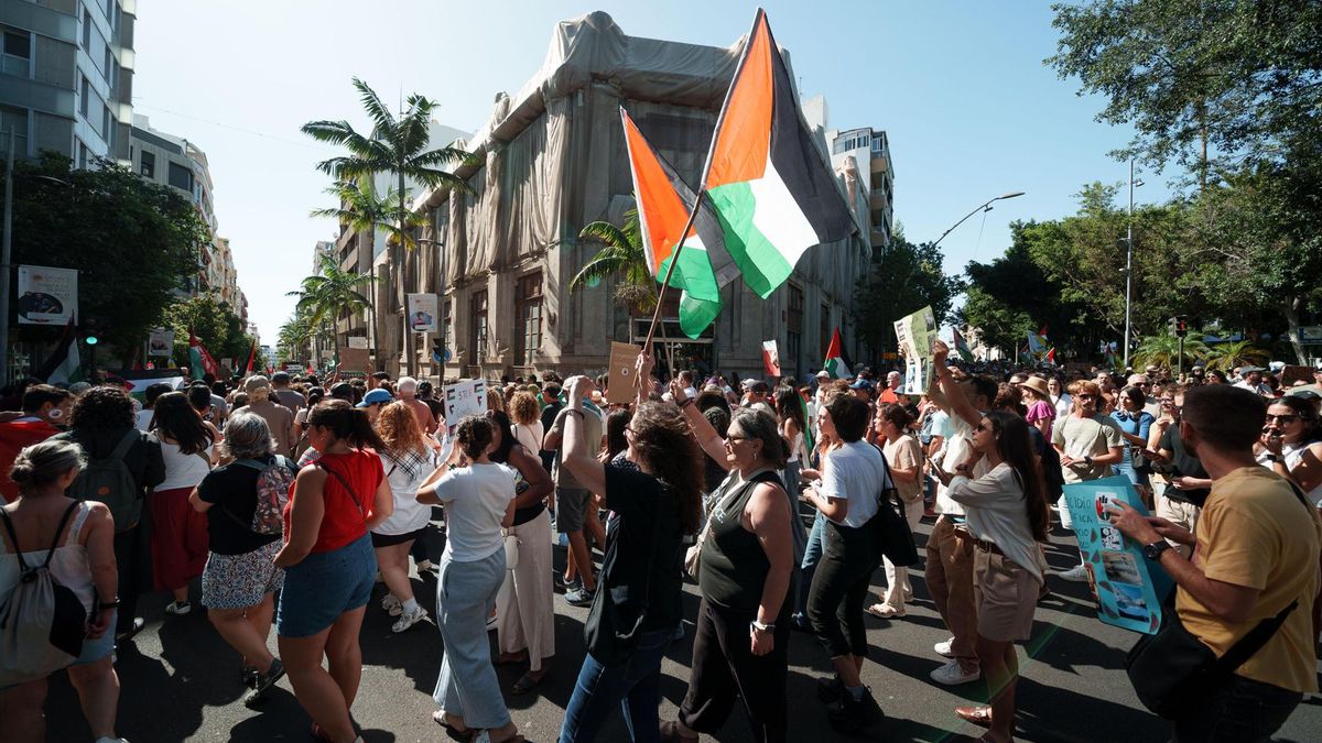 Manifestación que recorrió este domingo algunas calles de Santa Cruz de Tenerife bajo el eslogan '¡El pueblo canario con el pueblo palestino! Fin al comercio de armas y ruptura de relaciones con Israel' y en la que se visibilizo el apoyo a la causa palestina, así como la denuncia por la violación de derechos humanos en la región. EFE/Ramón de la Rocha