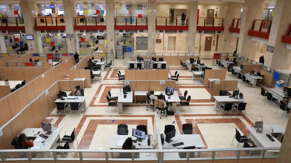 Archivo - Varios empleados trabajando en una oficina de la Agencia Tributaria