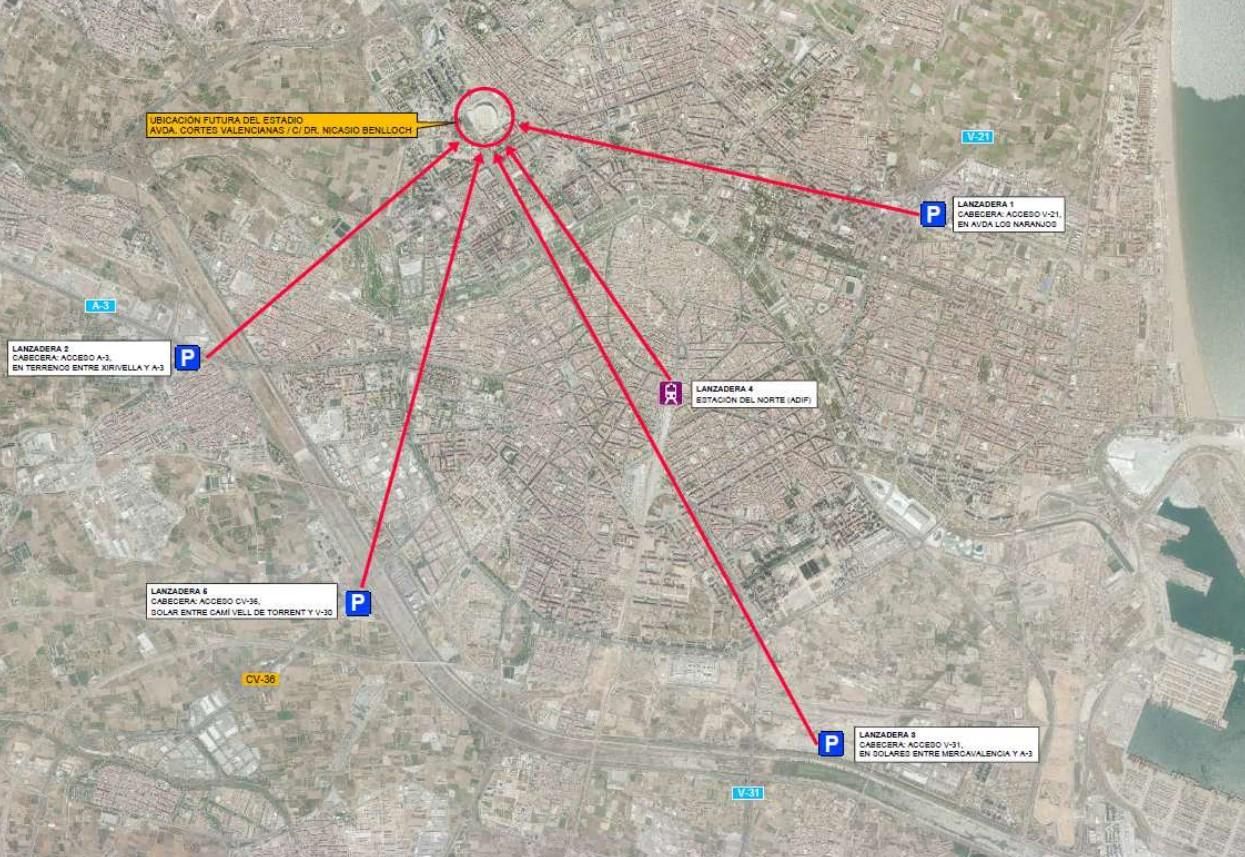 Disposición de las cinco paradas de las líneas de buses lanzadera para acercar a 9.000 personas al nuevo estadio.