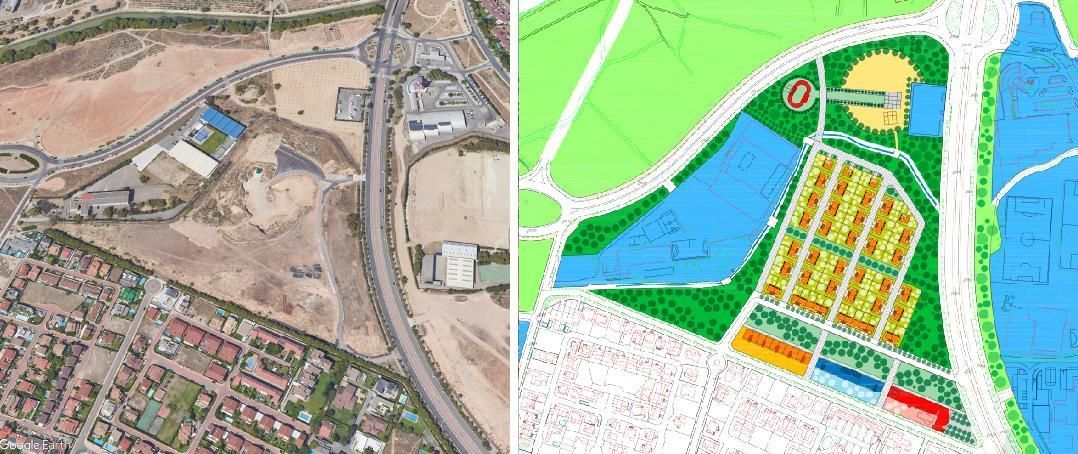 A la izquierda, captura de la zona urbanística de Montecanal donde se va a actuar; a la derecha, la ordenación de la edificación.