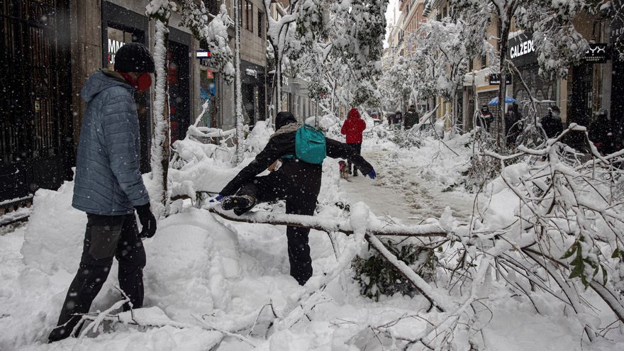 Varias personas intentaban abrirse paso el sábado por la calle Fuencarral en Madrid, en la que numerosos árboles y parte de la iluminación de navidad no resistieron el peso de la nieve. EFE/Rodrigo Jiméne