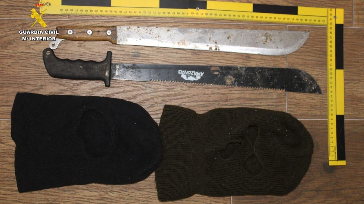 Los machetes y los pasamontañas incautados en la casa.