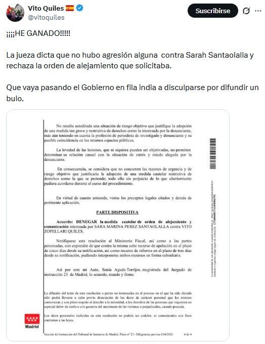 Mensaje publicado por Vito Quiles en la red social X