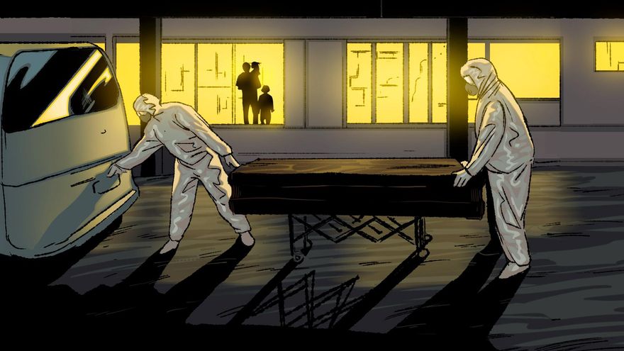 Ilustración de dos sanitarios metiendo un féretro en un coche fúnebre.