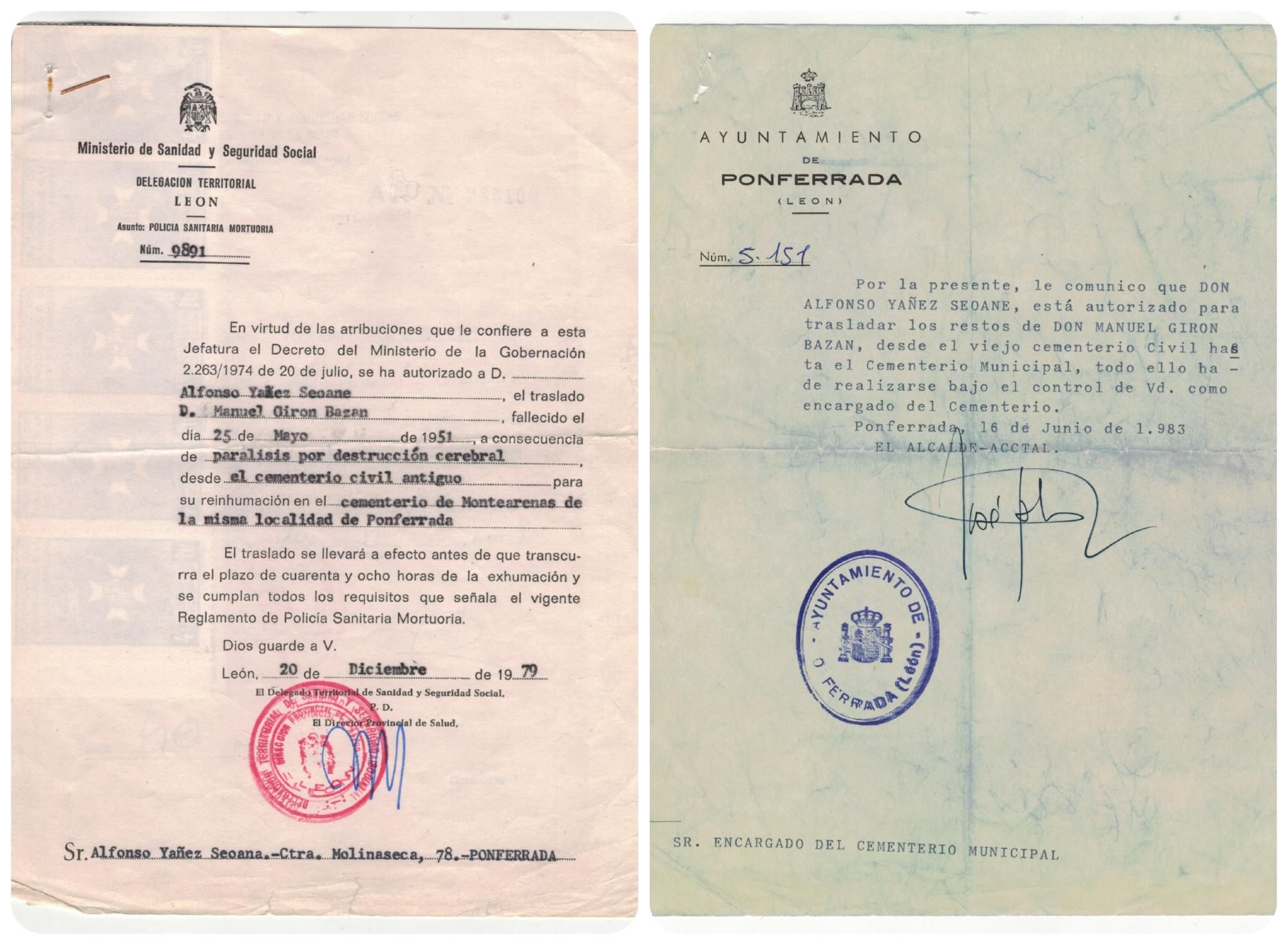 Permiso de la Delegación Territorial de Sanidad sobre Girón (1979) y autorización del Ayuntamiento de Ponferrada en 1983.