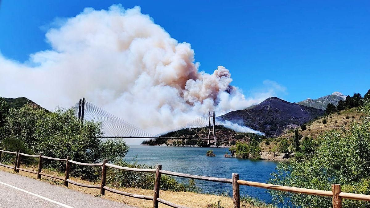 Un espectacular incendio forestal obliga a cortar el tráfico de un carril de la Autopista AP-66 entre León y Asturias