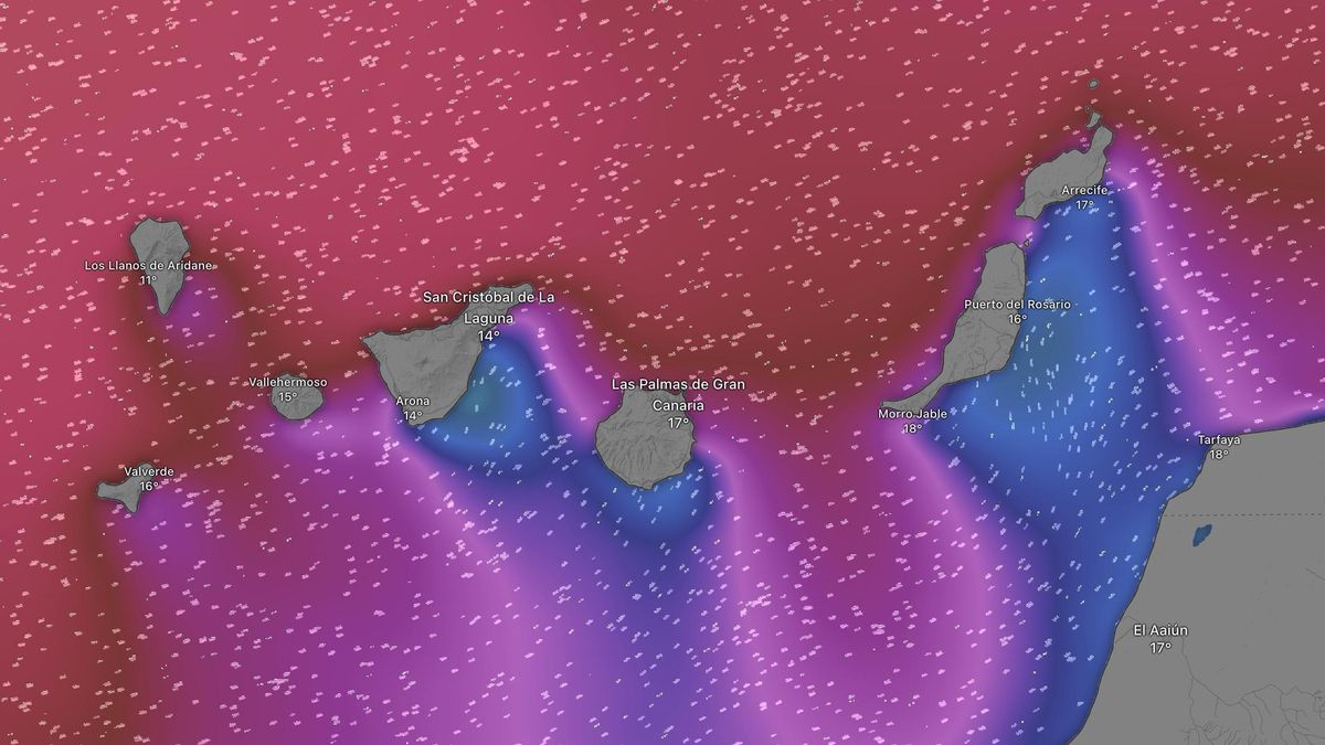 Mapa del oleaje esperaado en Canarias este viernes, según el modelo europeo. Los colores cálidos indican olas de entre 3 y 6 metros.